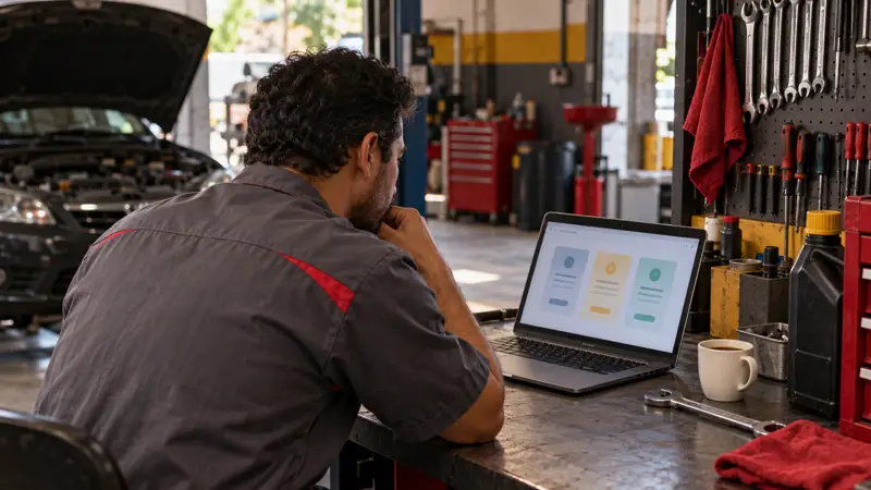 Mecânico comparando opções no notebook numa bancada de oficina