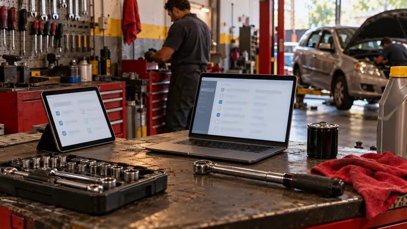 Tablet e notebook numa bancada de oficina, entre ferramentas
